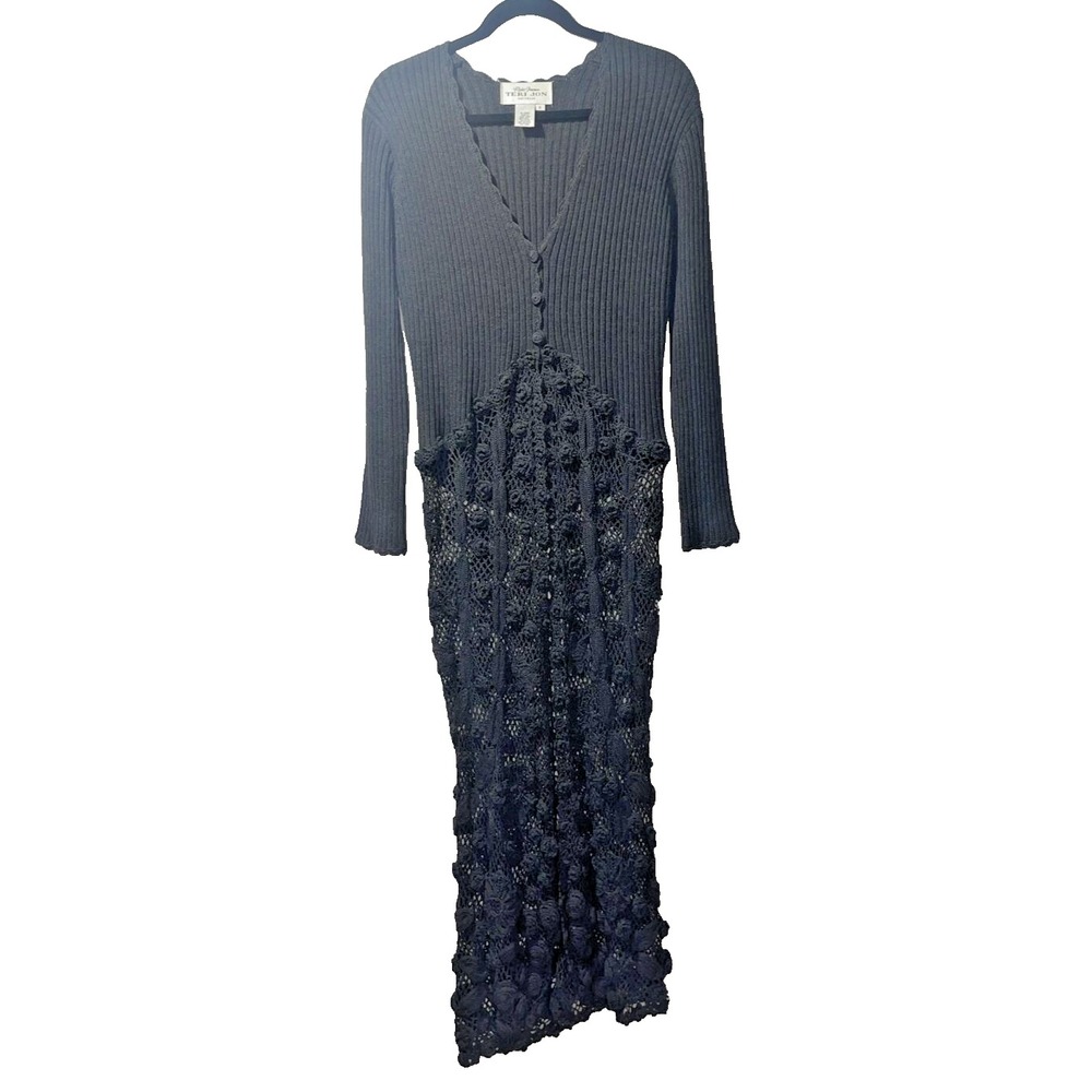 Rickie Freeman Teri Jon MAXI CROCHETED Rib Knit Wool Black Sweater Sz SMALL